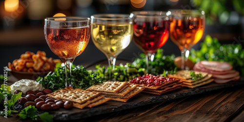 Matzah  Passover Seder plate  keara  with symbolic foods  Maror Haroset is a sweet mixture of nuts  fruits and wine. Karpas - greens. Baytsa     boiled egg. Four glasses of wine..Jewish Easter