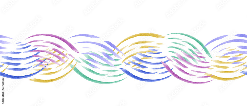 Seamless border with abstract music waves. Multicolored line art. Musical atmosphere. Watercolor cute illustration for textile, package, wrapping. - obrazy, fototapety, plakaty 