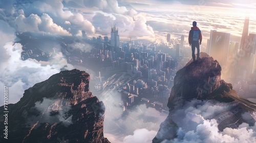 A hiker standing atop a steep mountain overlooking a sprawling cityscape with clouds hovering at its highest points. photo