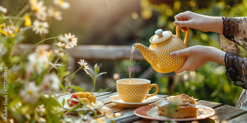 Tea party or breakfast in summer garden. Person pouring tea from teapot into cup standing on wooden table outdoors.