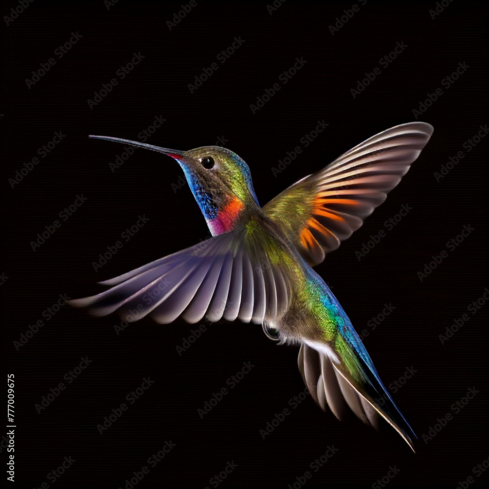 Enchanting hummingbird in mid-flight, vibrant colors, on black background.