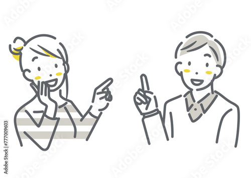 笑顔で指をさす若い夫婦　シンプルでお洒落な線画イラスト