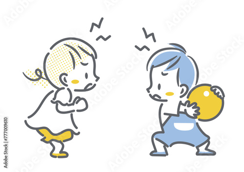 オモチャを取り合う二人の子供　シンプルでお洒落な線画