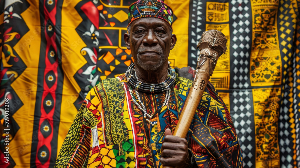 Obraz premium A dignified black man stands before a backdrop of regal African print fabrics showcasing a rich cultural heritage. His traditional attire complete with beaded ornaments and a ceremonial .