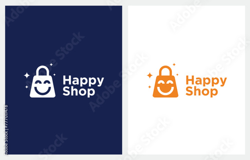 Happy Shop Bag and Smile logo design icon vector illustration