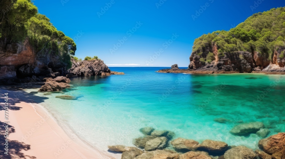 A secluded cove with turquoise water and white sand