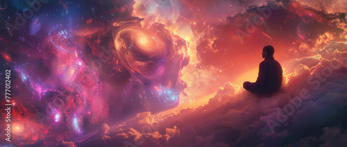A man sits on the ground in space, surrounded by colorful galaxies and stars, with dreamy clouds floating around him