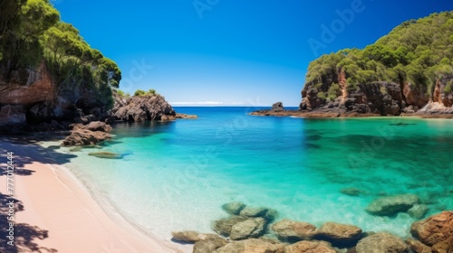 A secluded cove with turquoise water and white sand