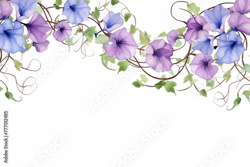watercolor of morning glory clipart with trumpet-shaped flowers in various colors. flowers frame  botanical border  Wedding floral arrangements. Wedding decor  invitations  cards. on white background.