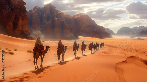 caravan of camels goes among the canyons and sandy mountains