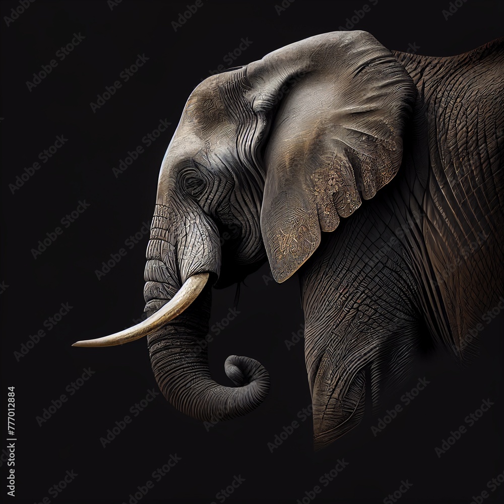 A regal elephant's profile, showcasing intricate details of its massive tusks, against a solid black backdrop.