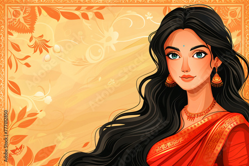 Indian bride girl wearing traditional dress against floral background. Woman in colorful sari. Bollywood star traditional fashion. Ugadi or Gudi Padwa. Religion and ethnic banner with copy space