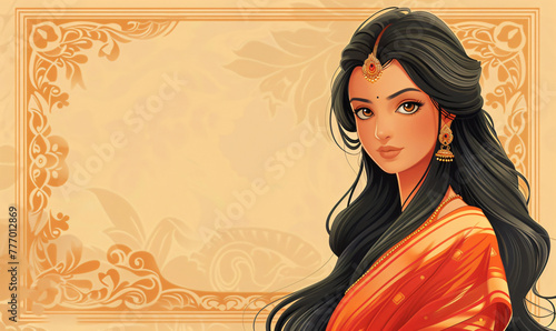 Indian bride girl wearing traditional dress against floral background. Woman in colorful sari. Bollywood star traditional fashion. Ugadi or Gudi Padwa. Religion and ethnic banner with copy space