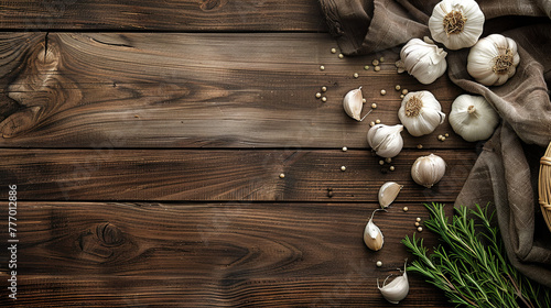 Harvested garlic laid out on a wooden background, top view