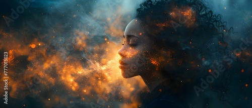 A woman with features like black flames dissolves into the cosmos. Concept Abstract, Surrealism, Woman, Flames, Cosmos