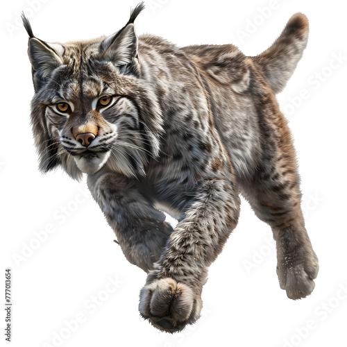 canadian lynx in motion isolated white background