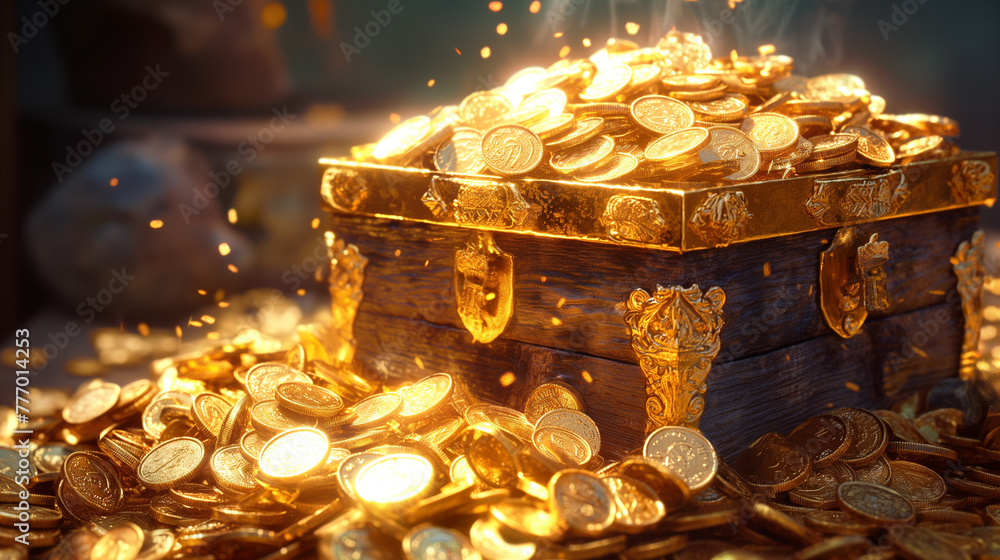 coins pouring out of a golden treasure chest symbolizing abundance and ...