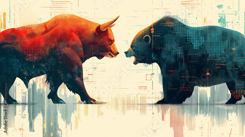 bull and bear facing off, representing the optimism and pessimism that drive market movements, with ticker symbols scrolling in the background photo