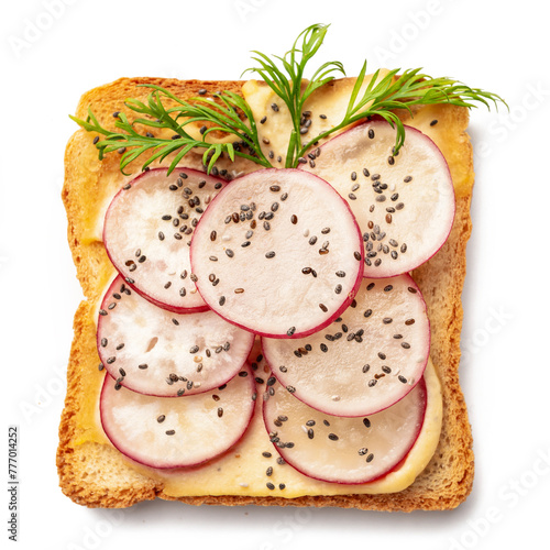Toast with fresh radishes and chia seeds, healthy eating