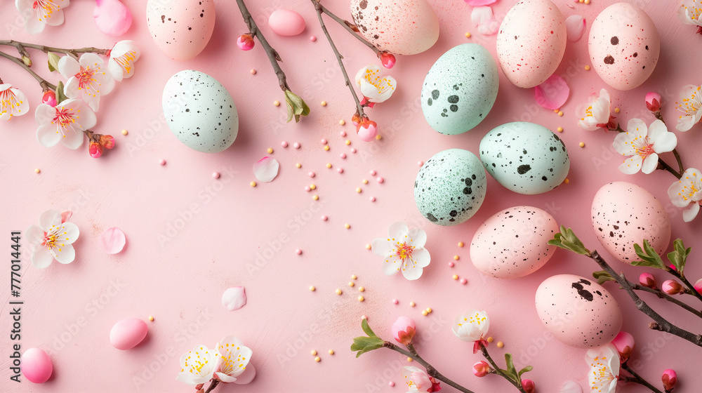 Colorful decorated Easter eggs with flowers  wallpaper background for easter celebration