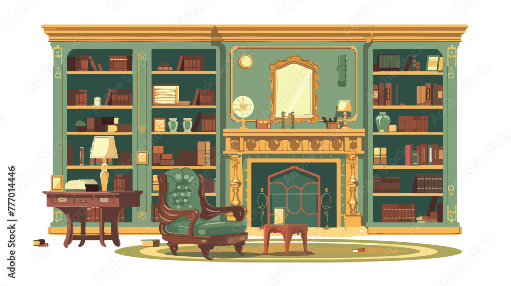 Illustration victorian library room interior flat vector