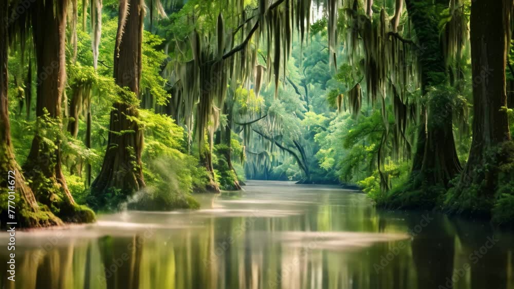 A beautiful lake enclosed by lush green trees adorned with moss., A serene bayou with Spanish moss hanging from the cypress trees, AI Generated