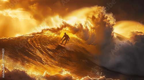 A breathtaking image of a surfer conquering a massive golden wave at sunset, evoking a sense of adventure and triumph against nature