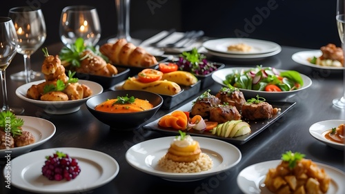 A mouth-watering display of culinary delights, arranged in a visually stunning manner on a sleek and modern table. Perfect for food and dining concepts.