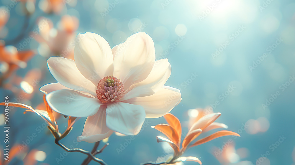 Flower spring backdrop with single white magnolia in full bloom stands against a soft blue sky background. Concept of nature's serene beauty and the renewal that comes with spring. Copy space