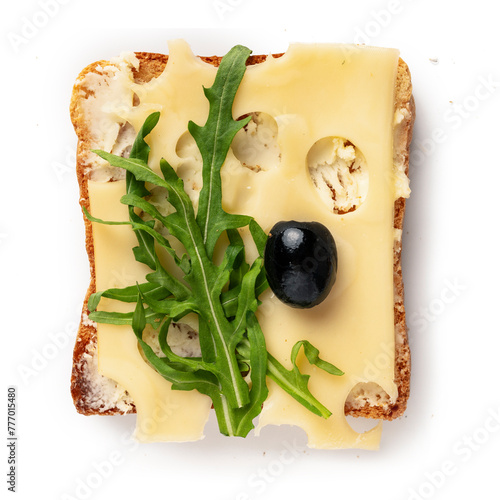 Toast with cheese, arugula and olives, healthy eating