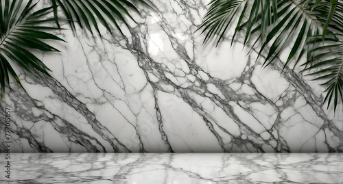 Marble texture background with blurry green coconut palm leaves on wall.
