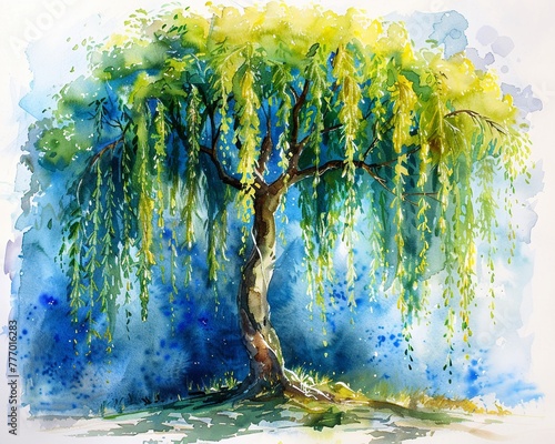 Watercolor a weeping willow, on a dynamic background that heightens the trees graceful appearance, summer motif