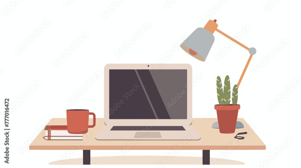 Laptop on a table with a lamp on an isolated background