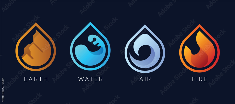 4 Elements of nature symbol - earth water air and fire with sign in line water drop shape on dark blue background vector design 4 Elements of nature symbol - earth water air and fire with sign in line water drop shape on dark blue background vector design