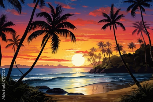 A  beach scene at sunset with palm trees, AI generated © Tanu