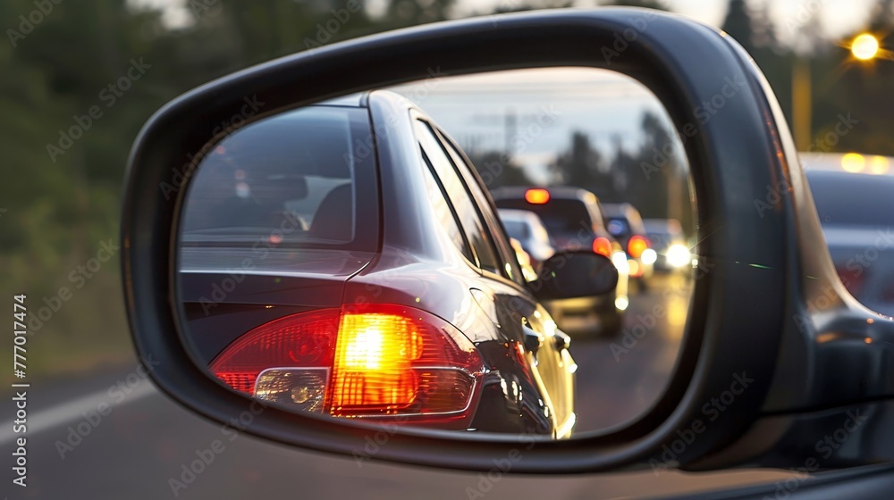 Evening traffic jam  rearview mirror shows cars with headlights queuing in a long line