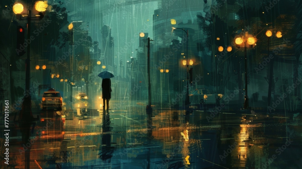 A lone figure stands at a crosswalk bathed in the soft light of the street lamps and surrounded by the gentle patter of raindrops.