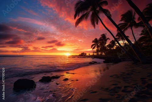 A beach scene at sunset with palm trees, AI generated