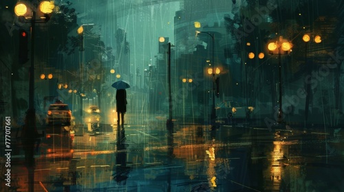 A lone figure stands at a crosswalk bathed in the soft light of the street lamps and surrounded by the gentle patter of raindrops.