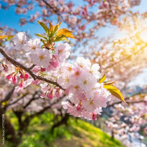 Cherry blossoms blooming in sunny weather