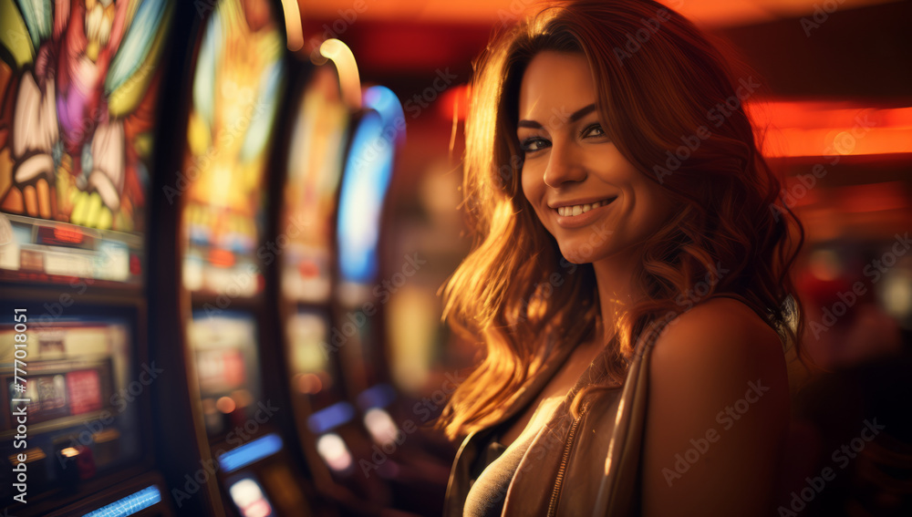 Smiling woman in a Las Vegas casino with slot machines. Vibrant Young Lady Gambling at Slot Machine with Excitement. Concept of casino games poker