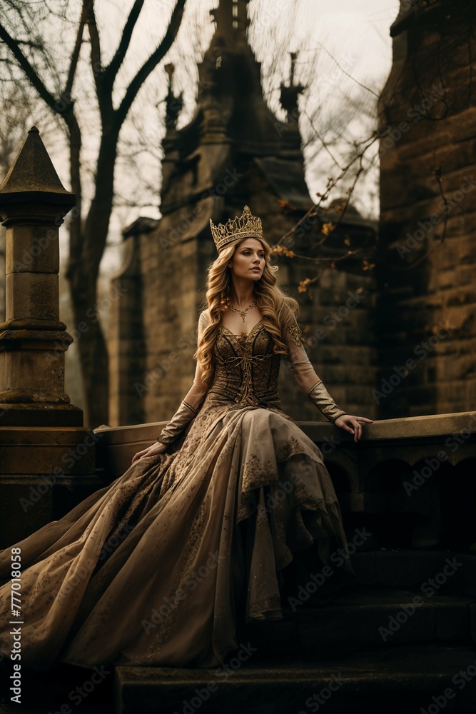 Sitting queen on castle steps in golden hour