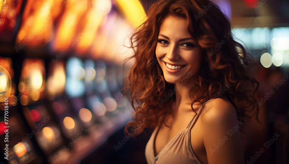 Smiling woman in a Las Vegas casino with slot machines. Vibrant Young Lady Gambling at Slot Machine with Excitement. Concept of casino games poker