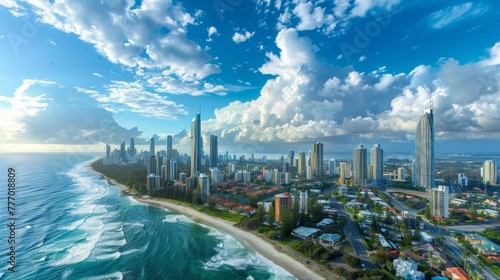A panoramic view of the bustling city skyline reveals an impressive mix of skysers and ocean views making for a picturesque tableau in this urban seaside setting. photo