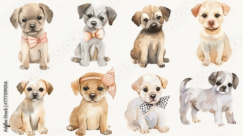 A series of adorable watercolor puppies each wearing a tiny bow or bandana