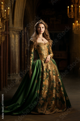 Elegant queen in golden medieval throne room