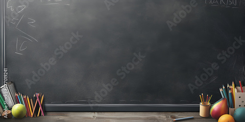 class room empty blackboard and colorful pencils with books on wooden table. photo
