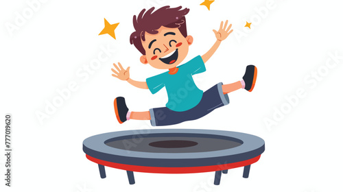 Happy cute kid smile jump on trampoline. Flat vector