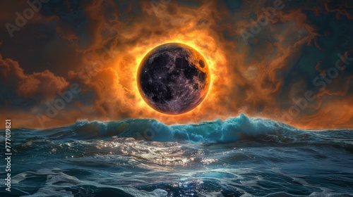 Solar eclipse illustration. Above the water. photo