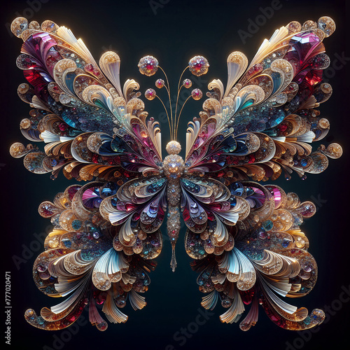 Magical colorful crystal butterfly sits on a beautiful flower on dark background